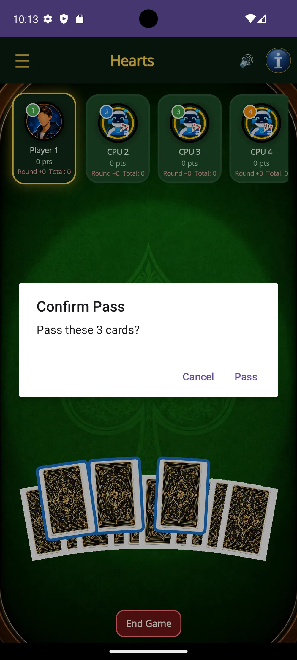 Hearts — Pass three cards