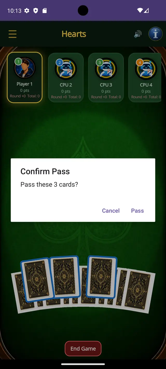 Hearts — Pass three cards