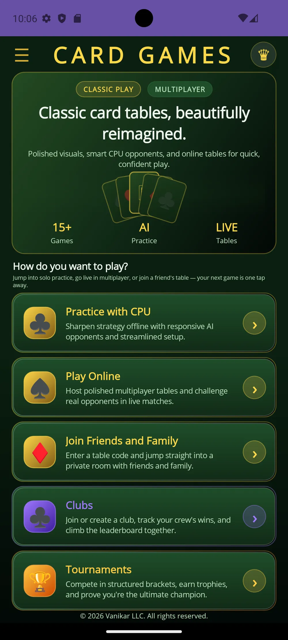 Card Games app — Home