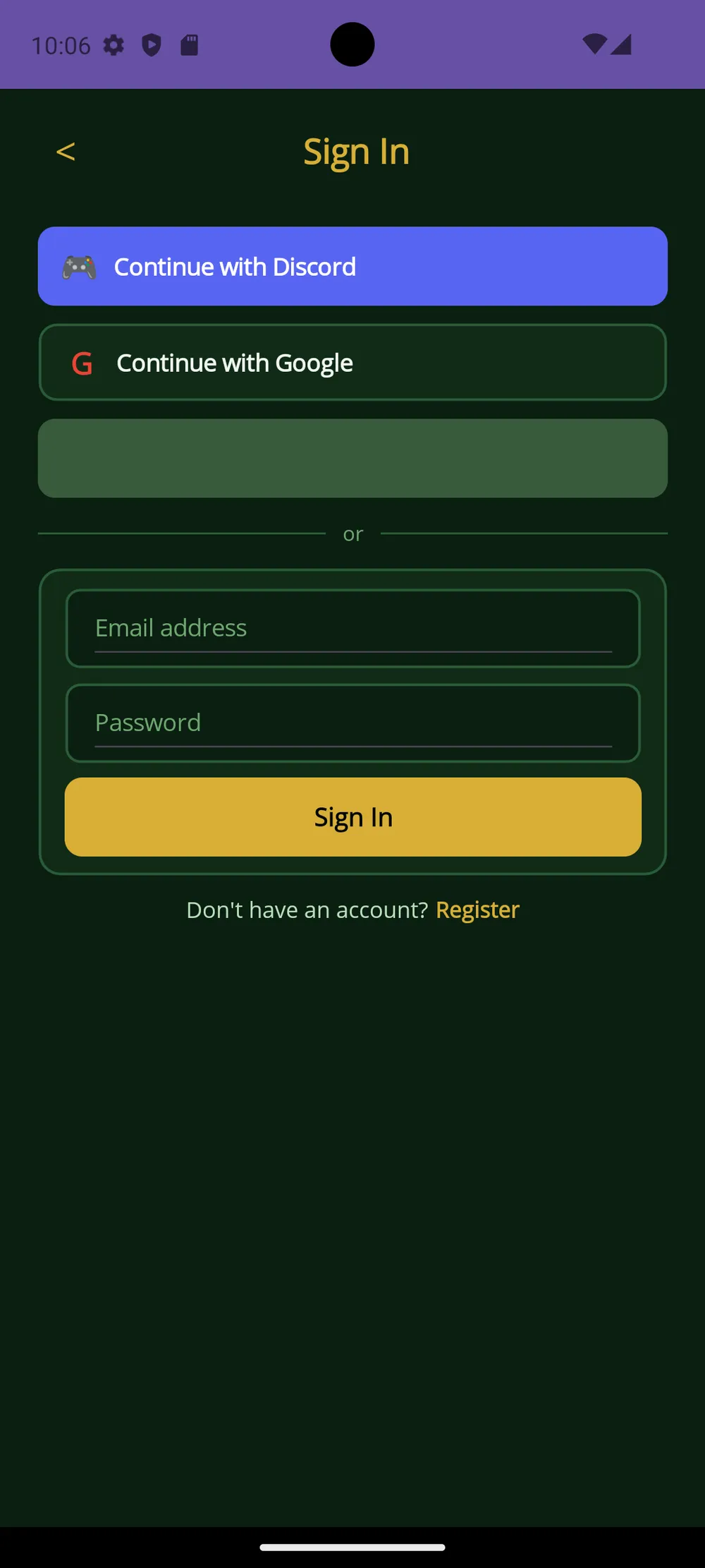 Card Games app — Sign in