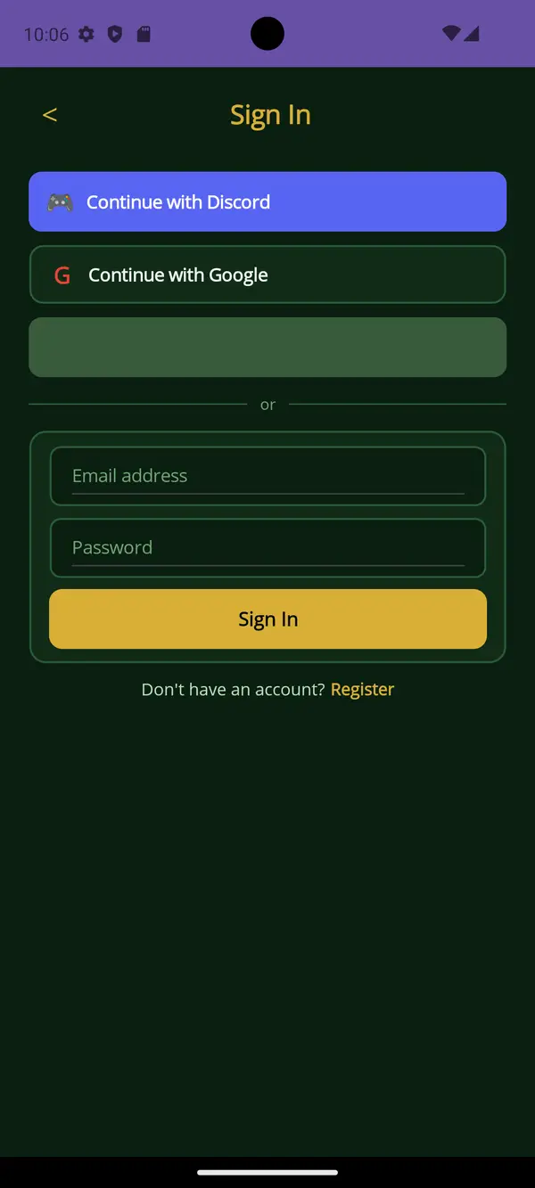 Card Games app — Sign in