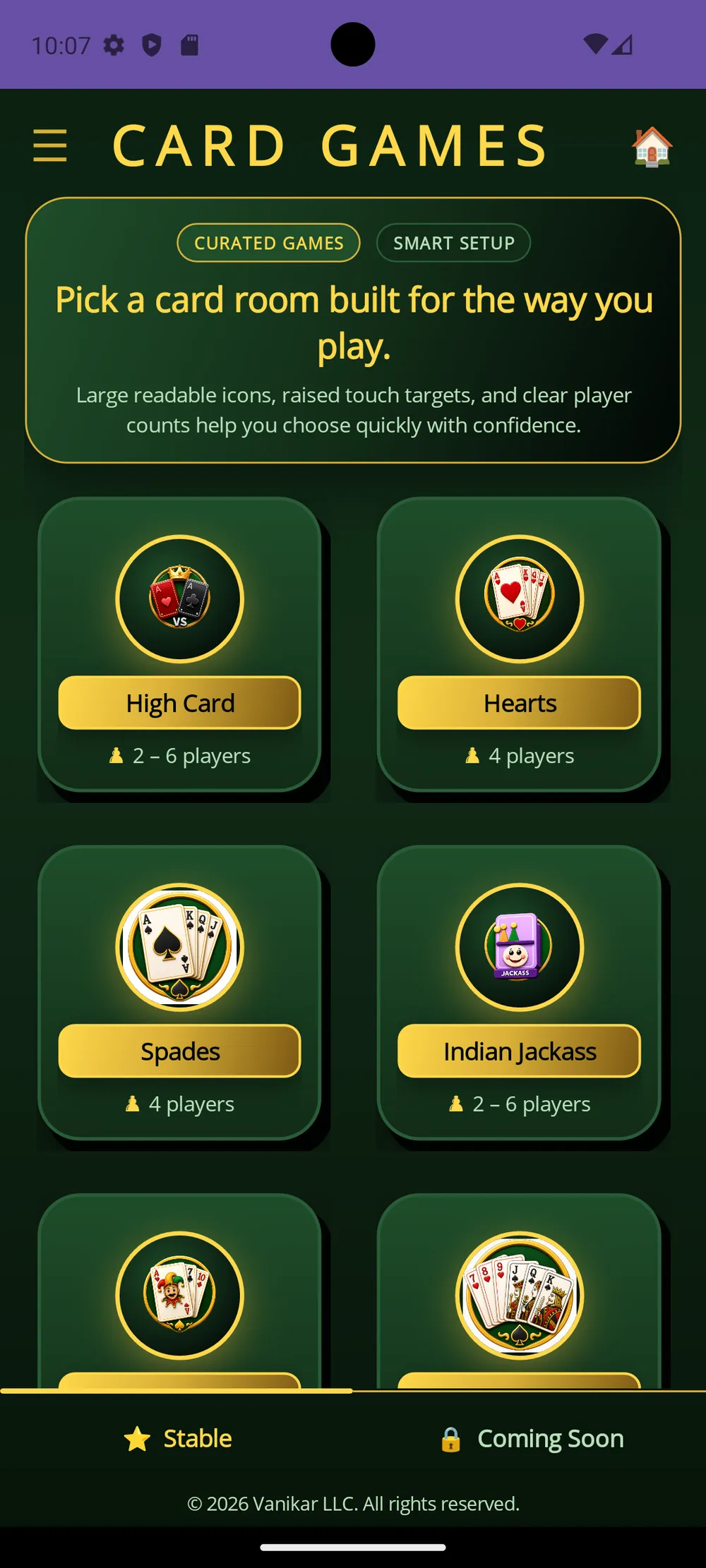 Card Games app — Pick your game