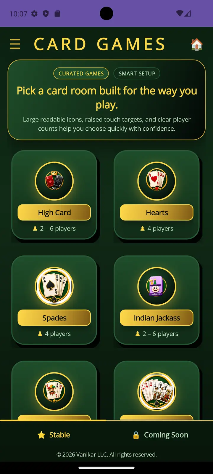 Card Games app — Pick your game