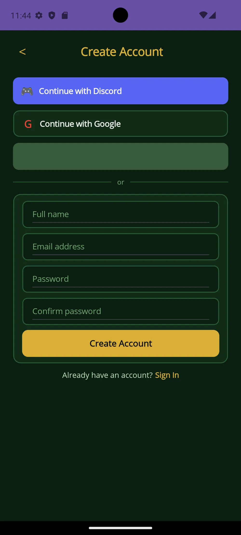 Card Games app — Create an account