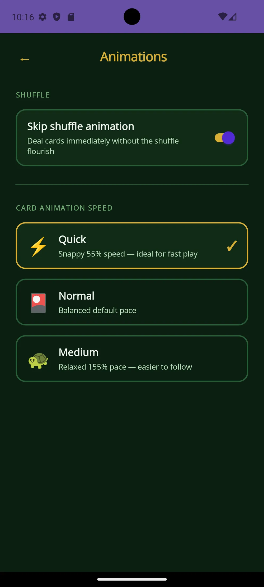 Card Games app — Animations