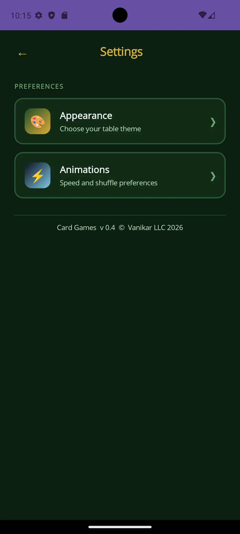 Card Games app — Settings